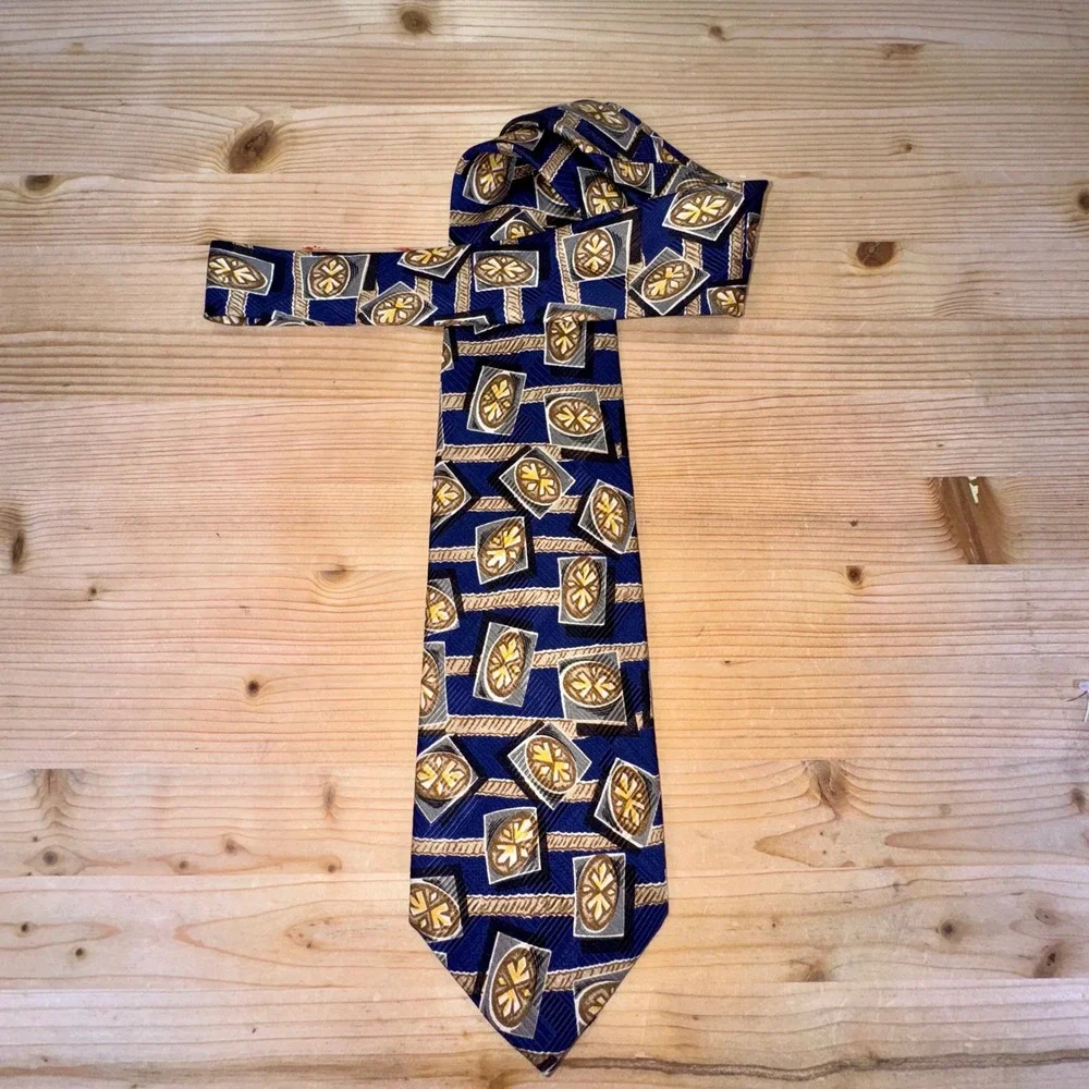 Robert Talbott Studio Nordstrom Extra Long‎ Silk Tie Blue Gold Geometric USA
